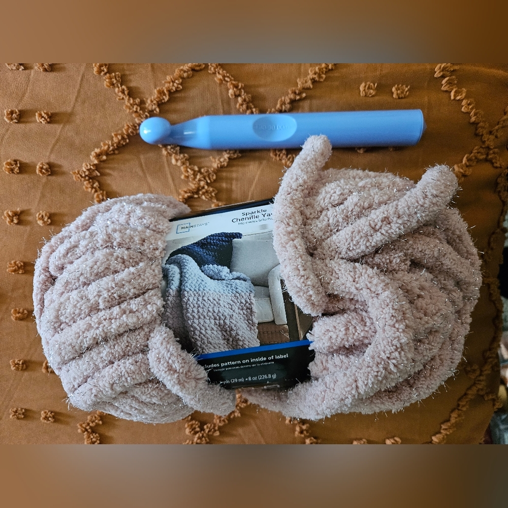Chunky Sparkle Pink Chenille Yarn and Crochet Hook